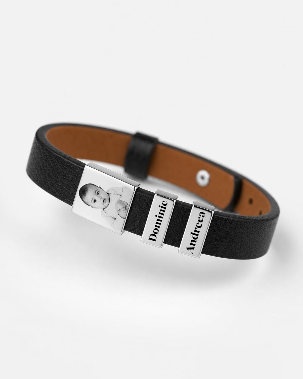 Bratara Leonis din piele naturala personalizata - Argintiu placat cu rodiu - curea Negru - imagine 3