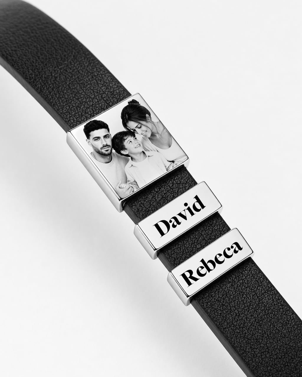 Bratara Leonis din piele naturala personalizata - Argintiu placat cu rodiu - curea Negru - imagine 5